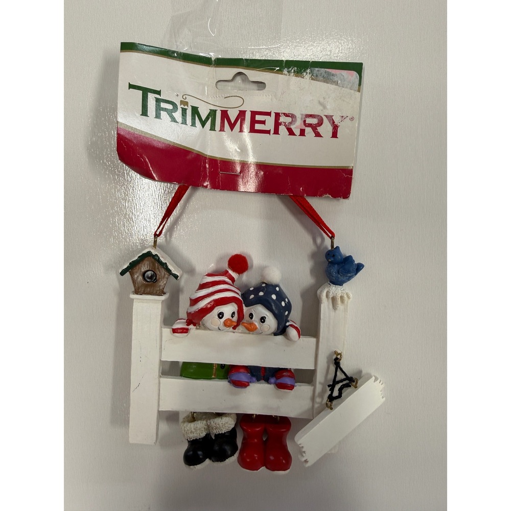 Trimmerry Snowman Couple Picket Fence Christmas Ornament Blue Bird Personalize